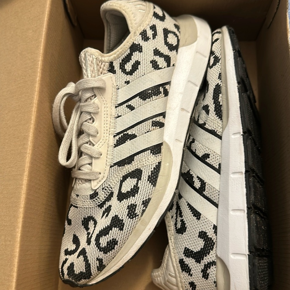 Adidas cream and black leopard print runners size 9.